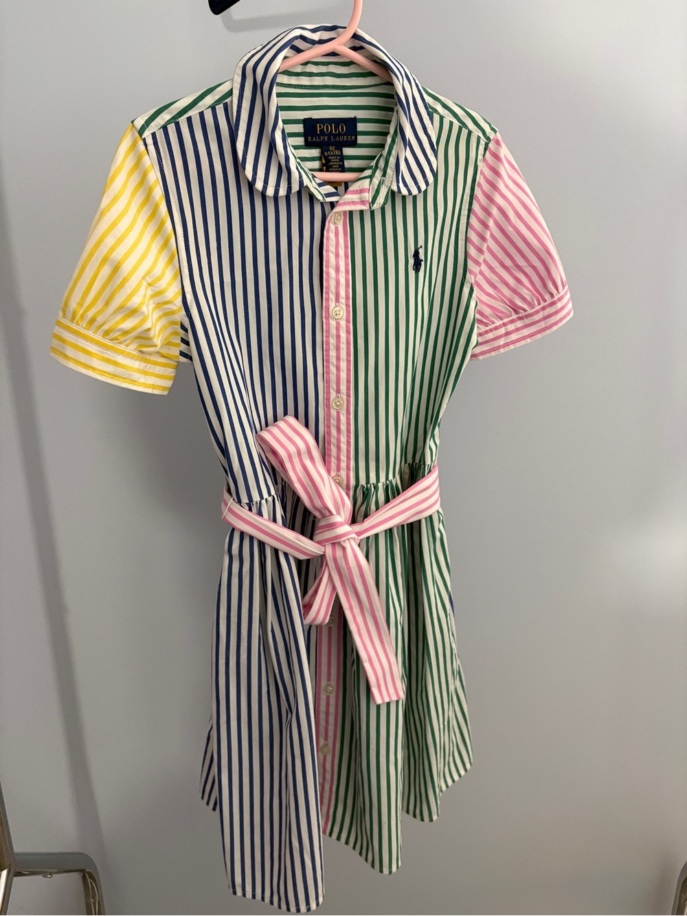 Polo by Ralph Lauren Striped Multi-Color Shirt Dress - Blue Green Pink Yellow